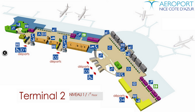 Схема аэропорта Ниццы, второй терминал, этаж 1